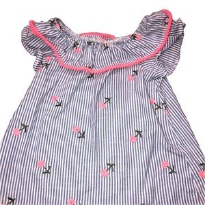 Okie Dokie Girls 5T Striped Embroidered Dress with pink Pom Pom neckline